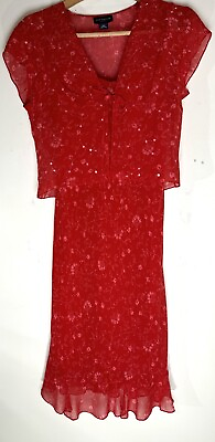 #ad Ann Taylor Red Silk 2pc Slip Dress Cap Sleeve Jacket Set 12p Floral Midi Sequin $19.99