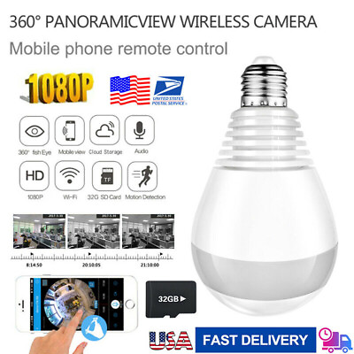 Panoramic 360°SPY Wifi IP 1080P Wireless Gimbal Bulb Camera Ligh 32G SD Card NSS $9.87