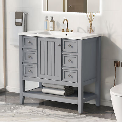 #ad 36quot; Bathroom Vanity w Sink ComboOne Cabinet and Three Drawers Solid Wood Grey $447.15