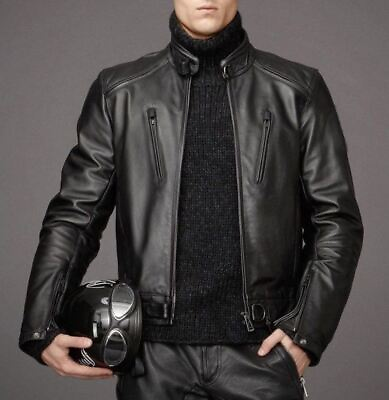 #ad New Leather Jacket Mens Biker Motorcycle Real Leather Coat Slim Fit Black #1171 $118.00