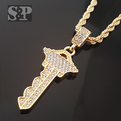 #ad HIP HOP GOLD PT ICED MASTER KEY CZ PENDANT amp; 24quot; ROPE CHAIN BLING NECKLACE $11.99