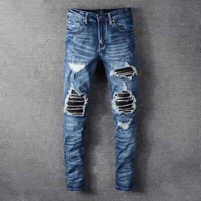 #ad Men’s Ripped Pleated Slim fit PU Patch Jeans Stretch Distressed Blue Biker Pants $58.48