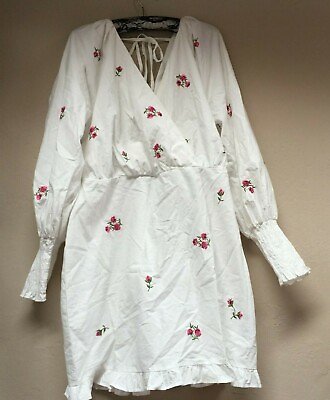 #ad ASOS DESIGN Sz 12 Cotton Poplin Wrap Front Mini Dress All Over Embroidery White $35.71