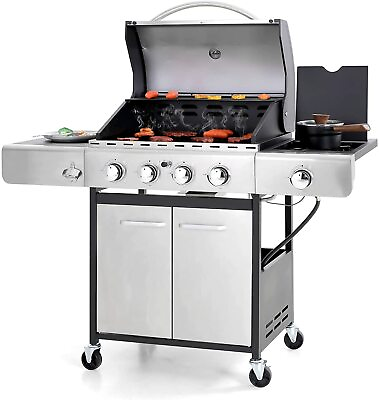 #ad Gas Grill Four Burners Side Burner Propane Stainless Steel Cast Iron Grates $345.99