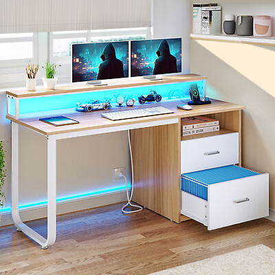 #ad 47 55 inch Home Office Desk with File Drawer LED Computer Desk w Power Outlets $139.99