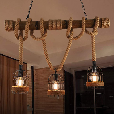 #ad Industrial Birdcage Island Light 3 Lights Pendant Light Lantern Style with Rope $179.99