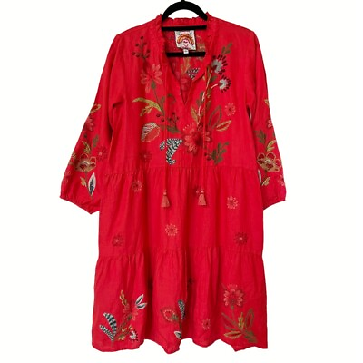 JOHNNY WAS Isabella Field Embroidered Swing Trapeze Tiered Dress Coral Red Sz S $137.99