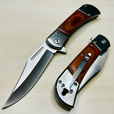 #ad 8.75” Wood Tactical Spring Assisted Open Blade Folding Pocket Knife Hunting $18.99