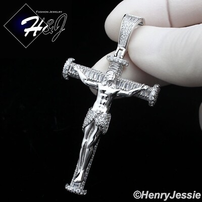 #ad MEN WOMEN SOLID 925 STERLING SILVER ICY BLING CZ JESUS CHRIST CROSS PENDANT*P428 $69.99