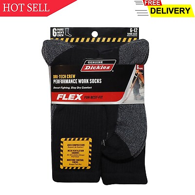 #ad 6 Pack Genuine Dickies Mens Dritech Crew Socks Moisture Control Black Size 6 12 $15.39