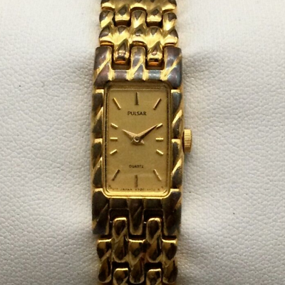 #ad Vintage Pulsar Watch Women Gold Tone Rectangle Dial V220 6060 New Battery 6quot; $26.99