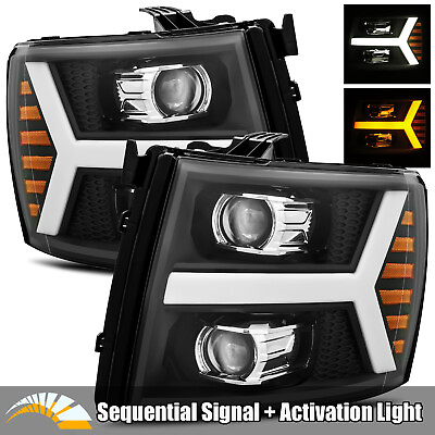 #ad For 07 13 Chevy Silverado Sequential Signal DRL Black Dual Projector Headlights $281.50
