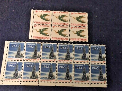 #ad Seasonal 1963 block of 12 Christmas 5 cents Stamps Bonus 1965 block of 6 $7.85