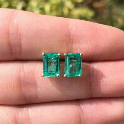 #ad 3.20Ct Emerald Cut Natural Emerald Solitaire Stud Earrings 14K Yellow Gold $250.00