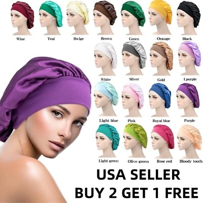 #ad Women Satin Bonnet Night Sleep Cap Hair Hat Silk Head Cover Wide Elastic Band $4.79