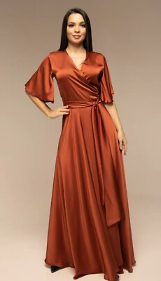 #ad bronze prom party satin silk wrap maxi dress for women flared sleeve v neckline $140.00