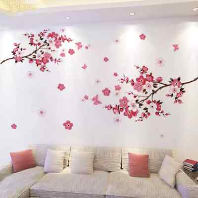 2PCS Vinyl Art Decals Living Room Bedroom Pink Blossom Tree Flower Wall Stickers $11.47