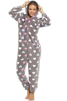 #ad Camille Womens All in One Warm Fleecy Hooded One Piece with Grey Heart Print GBP 26.99