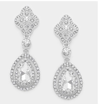 #ad 2.25quot; Clear Crystal Pageant White Silver Wedding Long Rhinestone Bridal Earrings $15.00