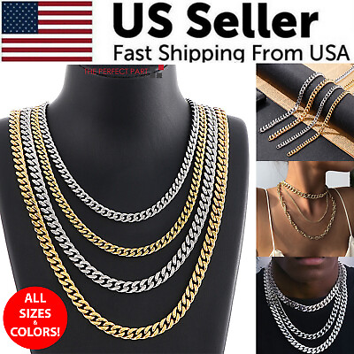 #ad Stainless Steel Gold Silver Chain Cuban Curb Womens Mens Necklace 3 5 7 9 11mm $5.89