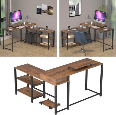 #ad Rustic MDF L Shaped Desk with Two Shelves Screen Tray Bag Hook Office Desk $87.99