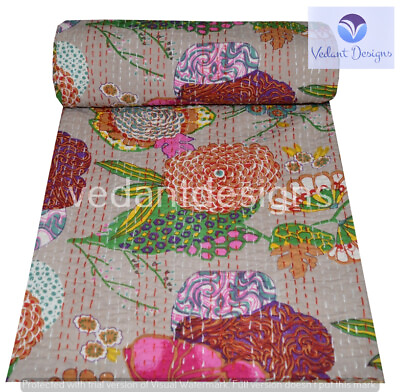 #ad Indian Handmade Floral Kantha Quilt Reversible Bedspread Queen Cotton Coverlet $64.99