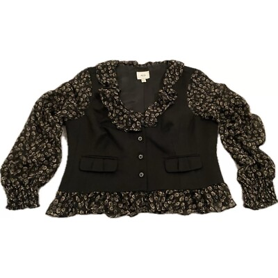 #ad eci New York Vest Blouse Size 12 Ruffle Collar Hem Sheer Puffy Sleeve Dress Top $18.00