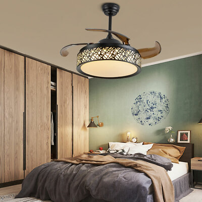 #ad 42 inch Retractable Ceiling Fan Lamp w Light LED Chandelier Remote Control US $65.55