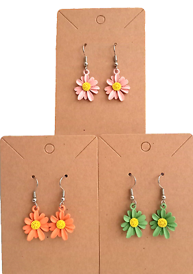 #ad Colorful Daisy Dangle Drop Earrings Handcrafted Set of 3 Pink Orange Green $15.00