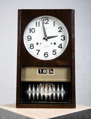 #ad Mid Century Modern Clock Seiko Japan Glass Wall 30 Day Flip Black Pendulum Key $339.13