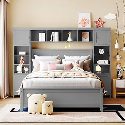 #ad Full Size Wooden Bed With All in One Cabinet and Shelf Gray 42AAE $651.89