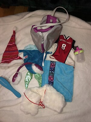 #ad american girl doll accessories clothes fur wrap Jersey Gym bag Ear Muffs Brush $15.00