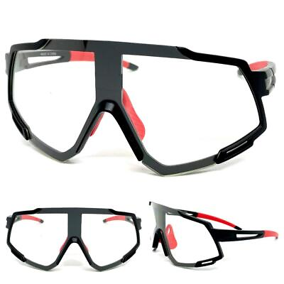#ad SPORT CYCLING WRAP Protective Safety Eyewear Clear Lens SUN GLASSES Black Frame $14.99