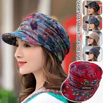 #ad Women Printed Hat Hair Loss Chemo Headwear Berets Beanie Peaked Short Brim Cap $8.64