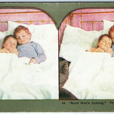 #ad c1899 Little Boys Trying to Sleep Stereo Card In Bed Children Litho Photo V12 $9.25