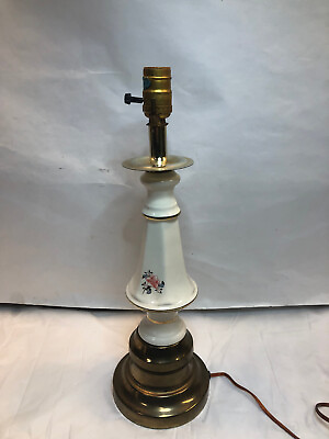 #ad Vintage Brass Ceramic Electric Table Lamp Painted White Flowers $14.95