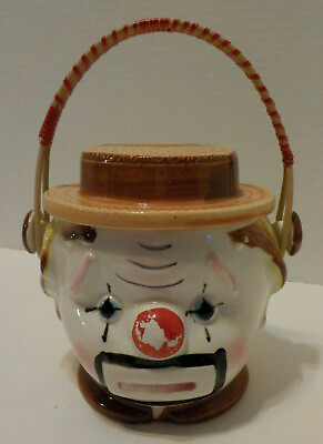 #ad Vintage LIPPER MANN? Sad Clown Jar with Top Hat Lid amp; Handle with Paper JAPAN $19.99