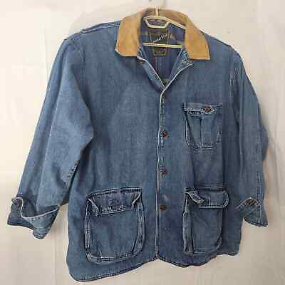 #ad Vintage Anchor Blue Denim Flannel Lined Barn Jacket Size Large Jean Chore Button $74.95