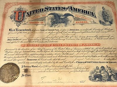 #ad ANTIQUE United States CITIZENSHIP CERTIFICATE 1894 Framed Hudson New York RARE $229.00