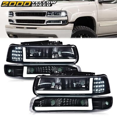 #ad Fit For 99 02 Chevy Silverado 00 06 Tahoe LED DRL Black HeadlightsBumper Lamps $89.80