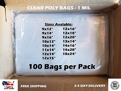 #ad 100 CLEAR POLY BAGS Large Plastic Packaging Open Flat Packing T Shirt Apparel $10.89