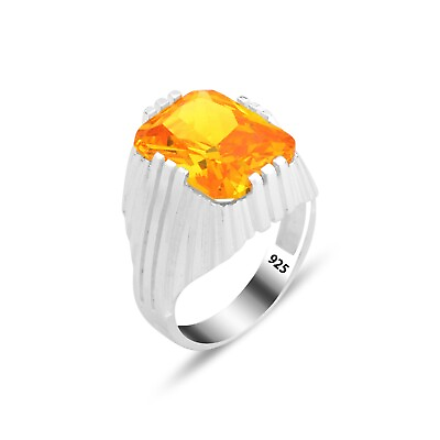 #ad 925k Silver Citrine Stone Ring Men Square Citrine Ring Yellow Stone Ring $59.00
