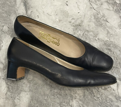 #ad Salvatore Ferragamo Womens Heels Shoes 8.5 AAAA Dark Navy Embossed Italy 50237 $46.87