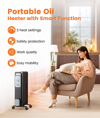 #ad Oil Filled Electric Portable Space Radiator Heater With 4 Wheels Home Room 1200W $68.99