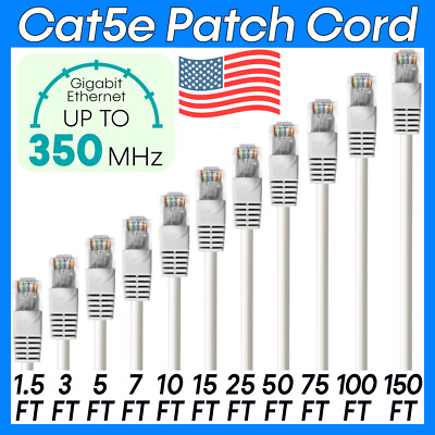 #ad White Cat5e Patch Cord RJ45 Connector CAT5e Cable LAN Ethernet Internet Wire Lot $8.49