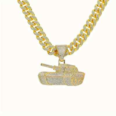 TANK Pendant amp; 13mm Iced Cubic Zirconia Bling Chain Gold Plated Hip Hop Necklace $13.99