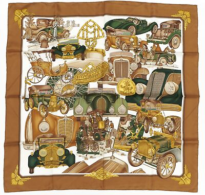 #ad Hermes Scarf 90 quot;Automobilequot; Brown 100% Silk Scarf 35quot; $245.99