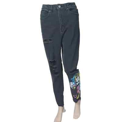 #ad Tinseltown Women#x27;s Black Size 9 Distressed Art Graphic Raw Hem High Rise Jeans $37.98
