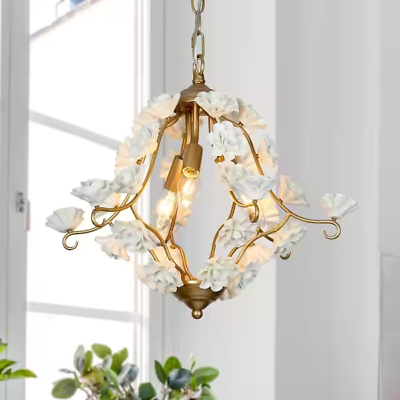 #ad Uolfin 3 Light Gold Island Chandelier Light with White Ceramics Flowers A04809H3 $159.99