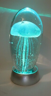 #ad 6quot; Glass Glow in dark Jellyfish clear background w white LED Light Silver Base $44.94